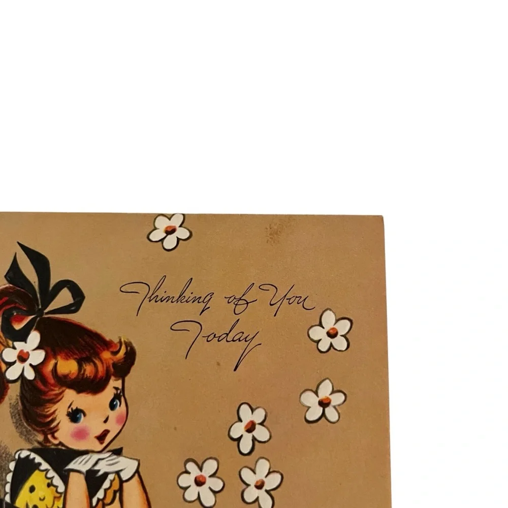 Unused Vintage 50s A Sunshine Greeting Card Thinking of You Yellow Dress